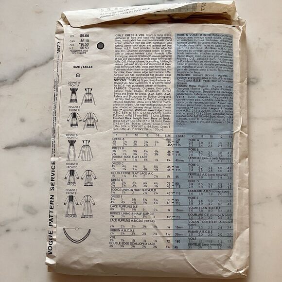 Vintage Little Vogue Girls' Dress & Veil Pattern #1877 Size 8 CUT Vintage - Picture 4 of 11